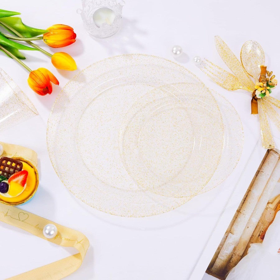 700 Pcs Gold Glitter Plastic Dinnerware Sets Disposable Plates for Party Include: 100 Dinner Plate 100 Dessert Plate 100 Paper