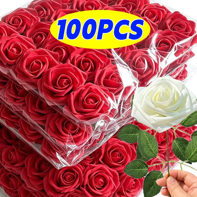 5-100pcs Fake Rose Flower Green Leaves for Valentine's Day Wedding Birthday Party Artificial Roses Heads with Stems Supplies