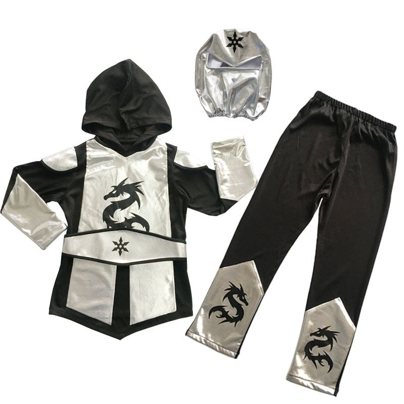 Kids Gold Sliver Dragon Ninja Cosplay Costume Boys Samurai Cosplay Hooded Pants Party Fancy Costume for Height 110-130cm