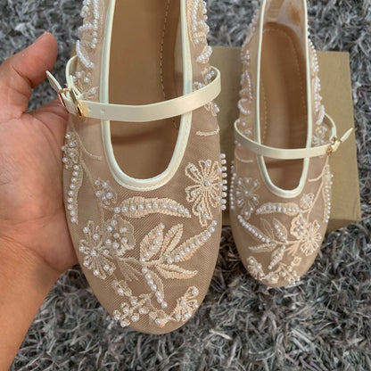 Embroidery Pearl Mesh Ballet Flats Women Fashion Hollow Round Toe Flat Sandals Elegant Comfortable Belt Buckle Mary Jane Shoes