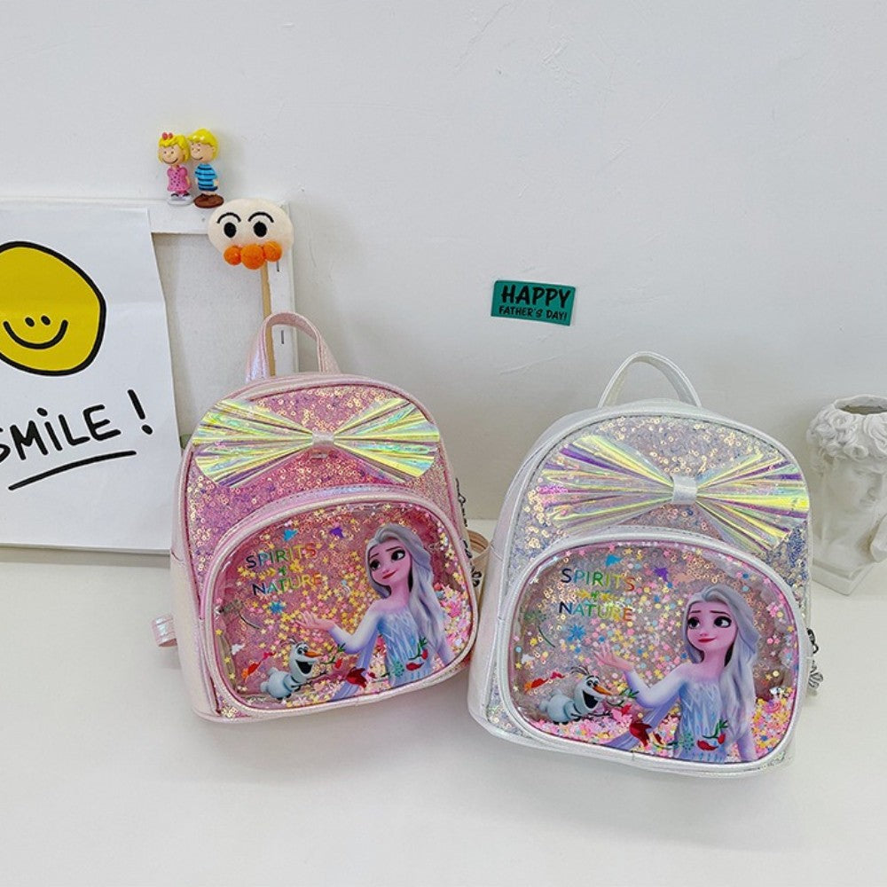 Mochila Mini de Glitter Princesa Elsa de Frozen da Disney, Linda com Laço de Lantejoulas, Bolsa Escolar de Jardim de Infância para Meninas, Desenho Animado Infantil, Mochila de Ombro Duplo