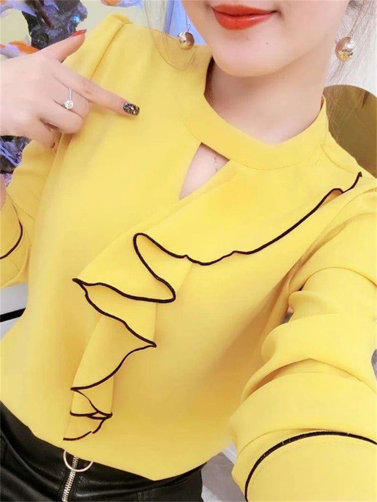 Women Spring Summer Style Chiffon Blouses Shirts Lady Casual Long Sleeve Ruffles Decor Stand Collar Chiffon Blusas Tops