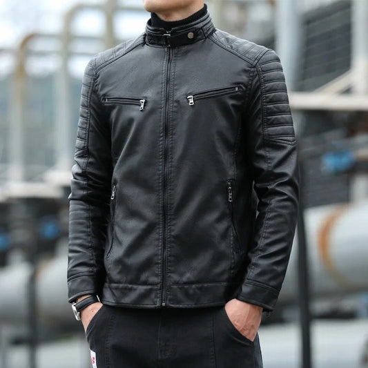 Men's Fleece Lined Biker Jacket Stand Collar Casual Versatile Spring Autumn Leather Coat for Students Fashionable Outerwear