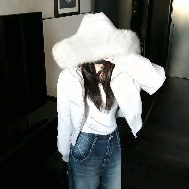 Fashion Street Simple Fur Collar White Zipper Hooded Short Jacket Women 2025 Winter Plus Velvet Thickened Warm Casual Jacket