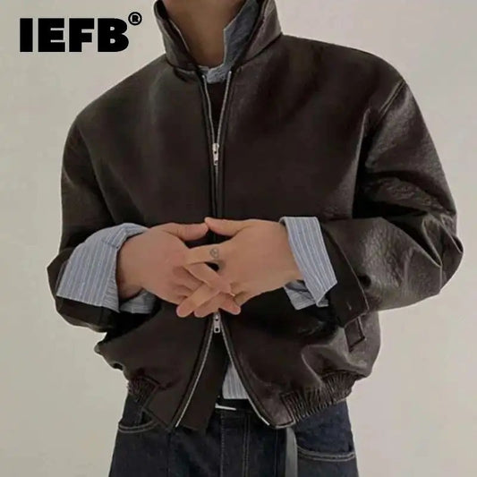 IEFB Short PU Leather Coat Men's Spring Summer Loose Turn-down Collar Coat Korean Style Trend Male Jacket Casual Top 9C5013
