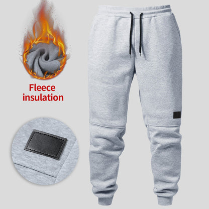 Men's fleece-lined ankle-length pants, autumn and winter drawstring waist sports sweatpants, with leather label running pants