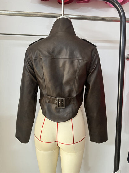 Vintage Women's Cropped Faux Leather Jacket Stand Collar Balloon Sleeve Biker Style PU Leather Coat Streetwear Fashion Outfit