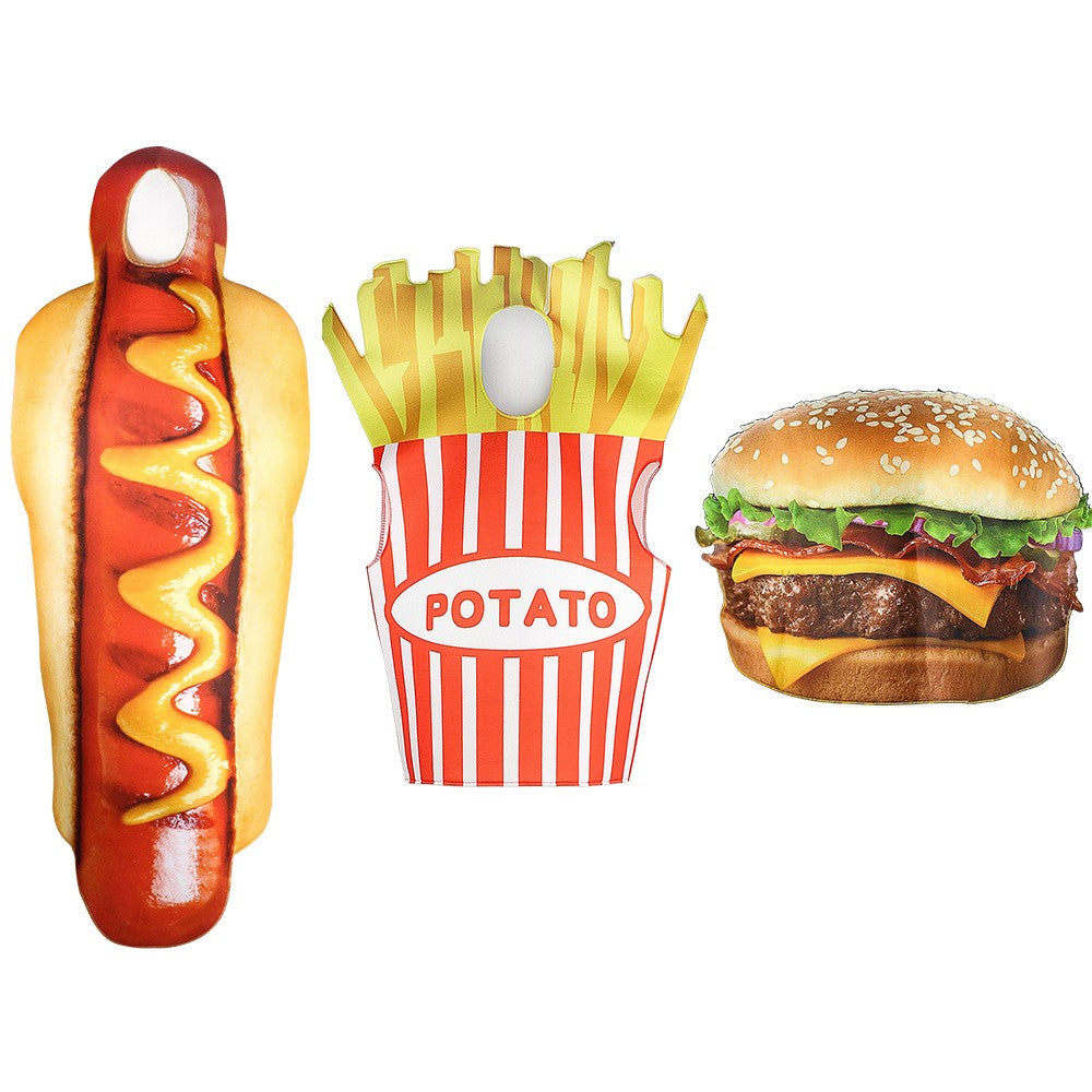 Adult Funny 3D Print Hot Dog Costume Halloween Food Sausage Pizza Burger French Fries Cosplay One-Piece Costume Party Jumpsuit