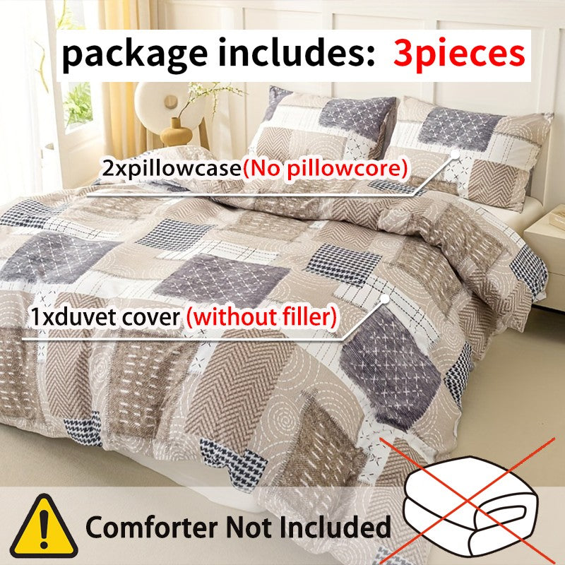 Conjunto de capa de edredom com estampa de retalhos chique de 3 peças, conjunto de cama macio e delicado para a pele inclui 1 capa de edredom e 2 fronhas