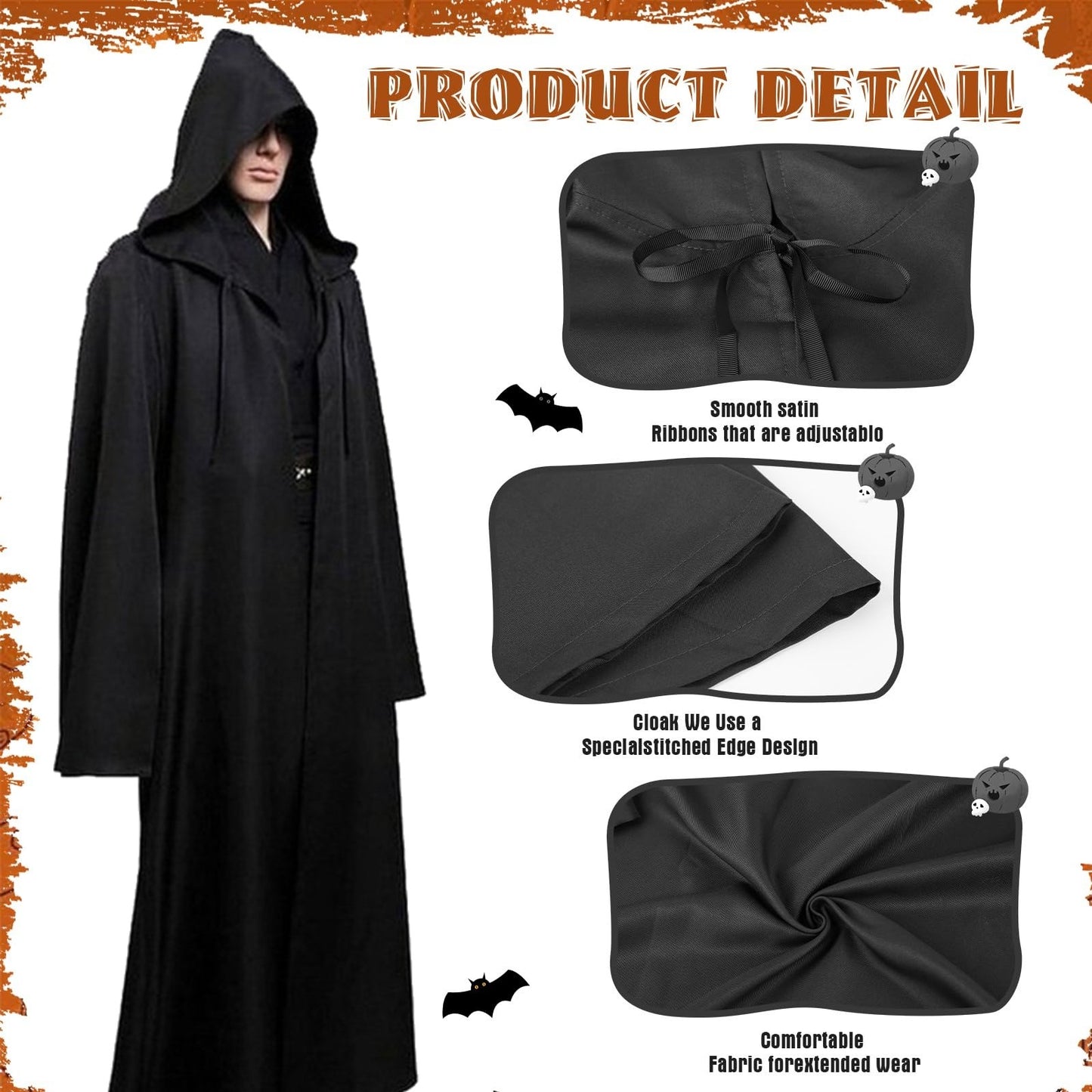 Black Cape Cloak Warrior Costume for Adults Vampire Cape with Hood Adult Halloween Cosplay Vampire Christmas Costume Robe Cape