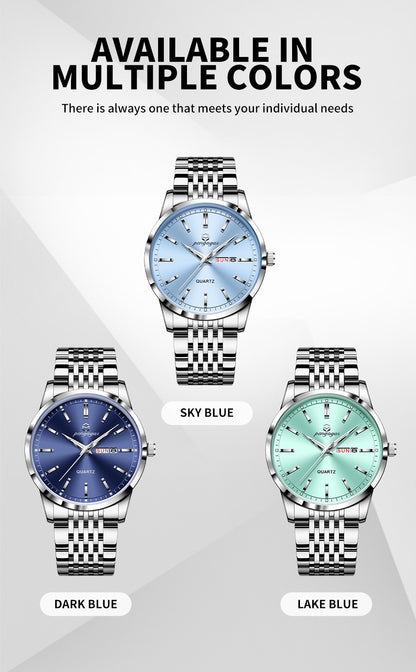 PENGAGAR Luxury Watch For Man Waterproof Luminous Date Week Stainless Steel Men Watch Casual Quartz Men's Watches Male Clock+box