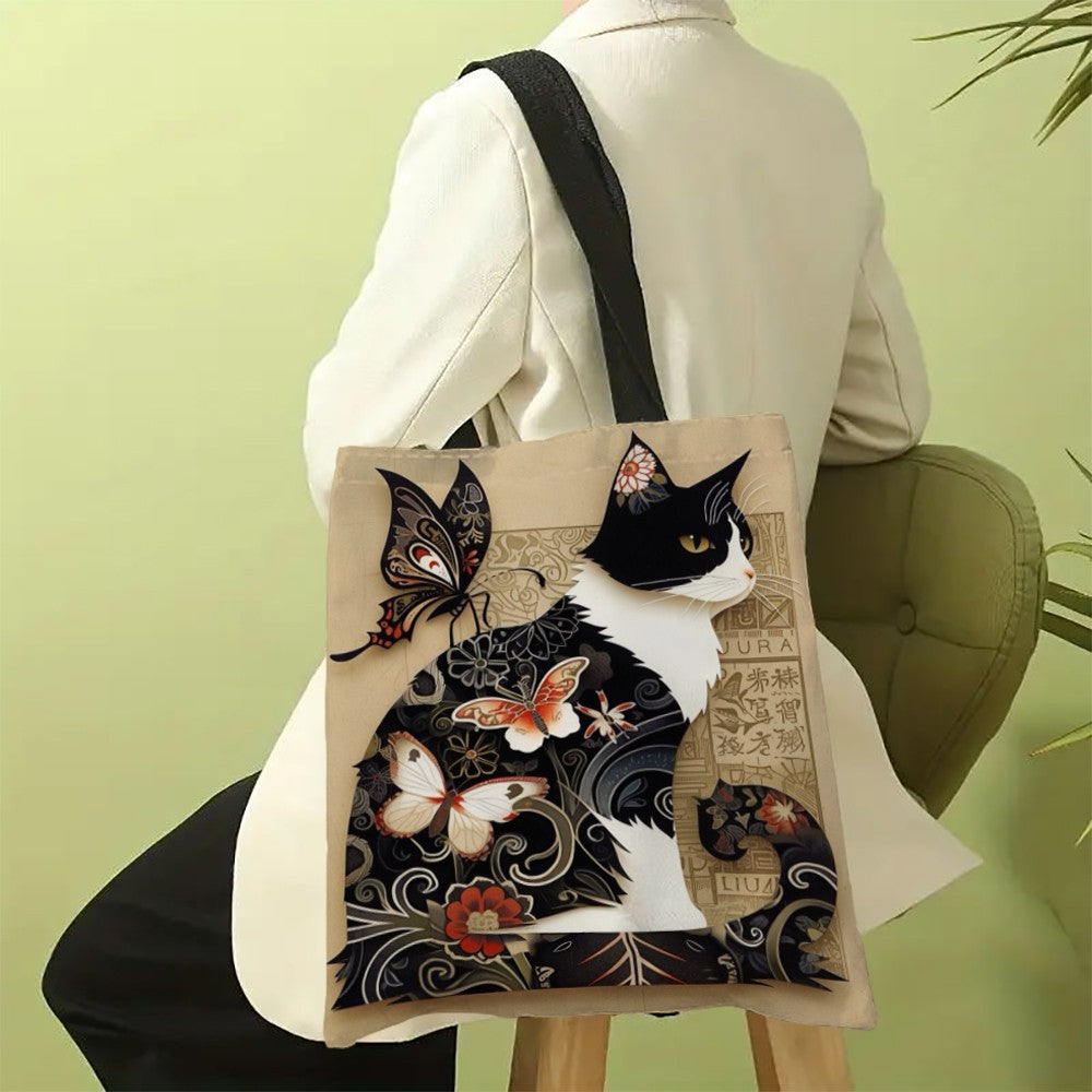 Butterfly Cat Pattern Bag High-Definition Digital Printed Shopping Bag Environmentally Friendly And Portable Linen Bag 7.2