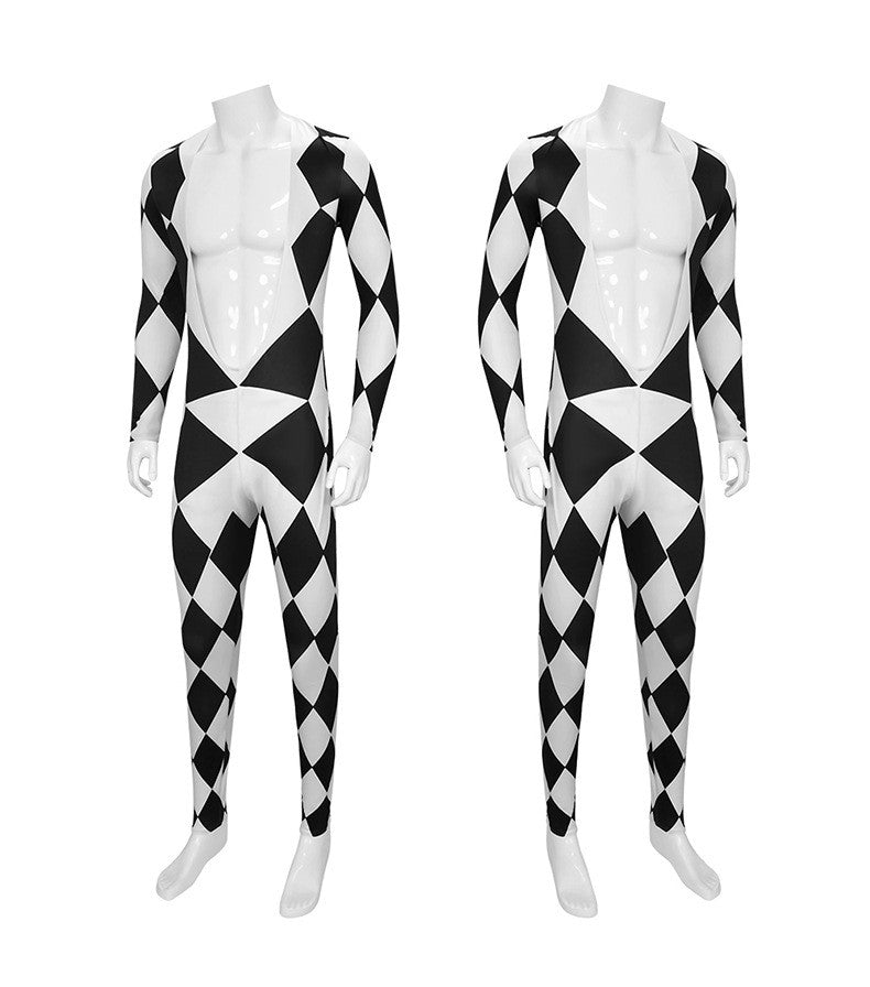 Freddie Mercury - Queen Harlequin Cosplay Costume Unitard Black and White Diamond Bodysuit with attached feet for Men