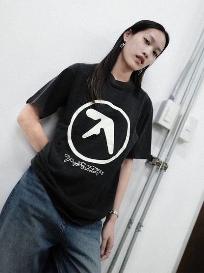 Men T-Shirt Aphex Twin Washed Black Print Cotton Graphic Oversized Korean Fashion Short Sleeve Tops Tees Y2k Streetwear Clothing