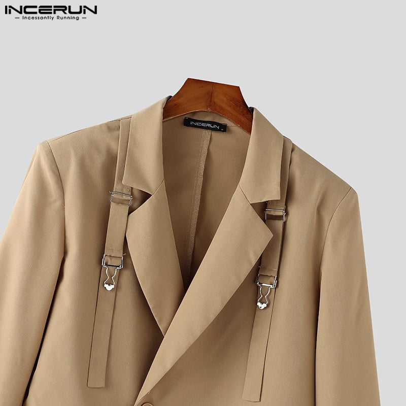 Fashion Well Fitting Tops INCERUN New Men's Deconstruct Metal Buckle Suit Coat Casual Streetwear Male Solid Long Sleeved Blazer