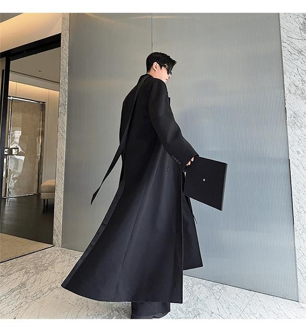 Mauroicardi Spring Autumn Extra Logn Black Oversized Flowy Soft Trench Coat for Men with Back High Slit Loose Casual Overcoat