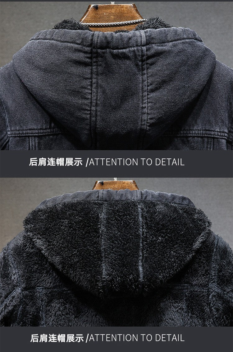Thicker Winter Jacket Men Warmer Hooded Denim Lambswool Hooded and Padded Denim Jacket Imitation Lamb Wool Fleece Mens Clothes