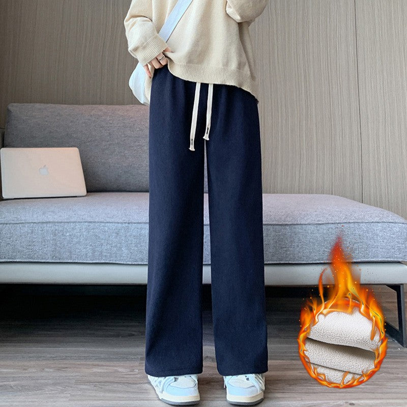 Solid Casual Thicken Women Corduroy Pants Lamb Fleece Padded Cashmere Warm Sweatpants Female Elastic Waist Soft Fur Trousers