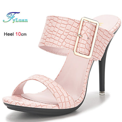 New Summer Buckle Strap Outside Women Slipper  Open Toe High Heeled 10CM Women's Sandals Thin Heels Neutral Slippers Party Pumps