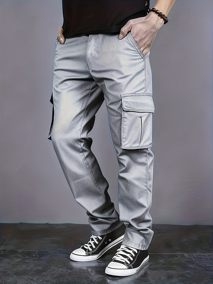 Calça masculina reta de brim com cordão na cintura e bolsos para trabalho casual