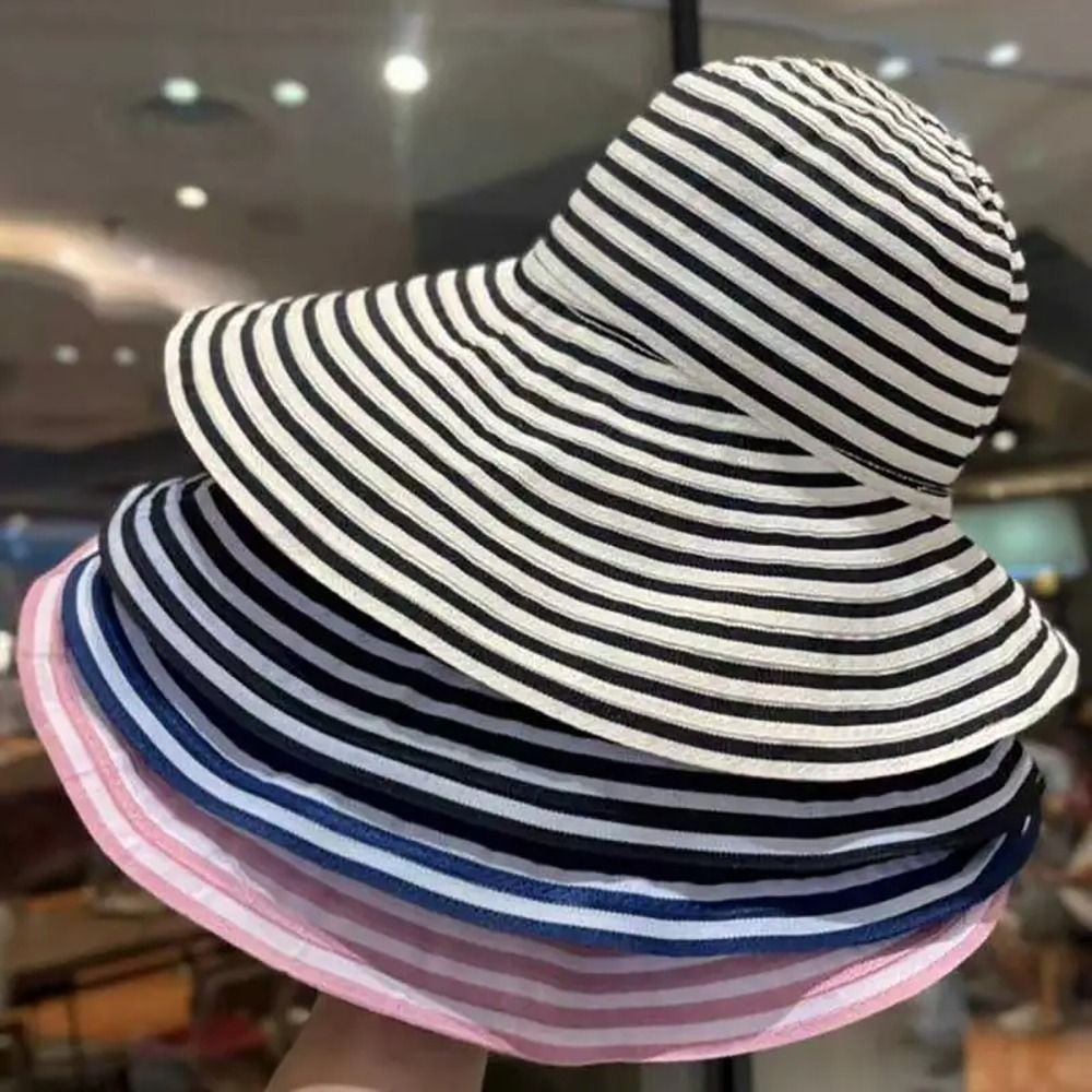 1Pcs Durable Sunproof Striped Bucket Hat Foldable Retro Summer Hat Big Head Circumference Fashion Sunscreen Basin Hat Women