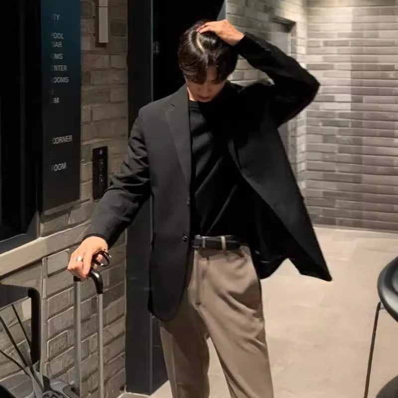 Korean Men's Casual Blazer Western-style Loose-fit Black Single-breasted Jacket Autumn Trendy Dongdaemun Style Clothes