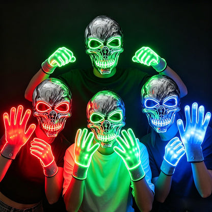 Halloween LED Skull Mask with Light Up Gloves EL Wire Glowing Skeleton Mask Lighted Flashing LED Gloves Set for Cosplay Party