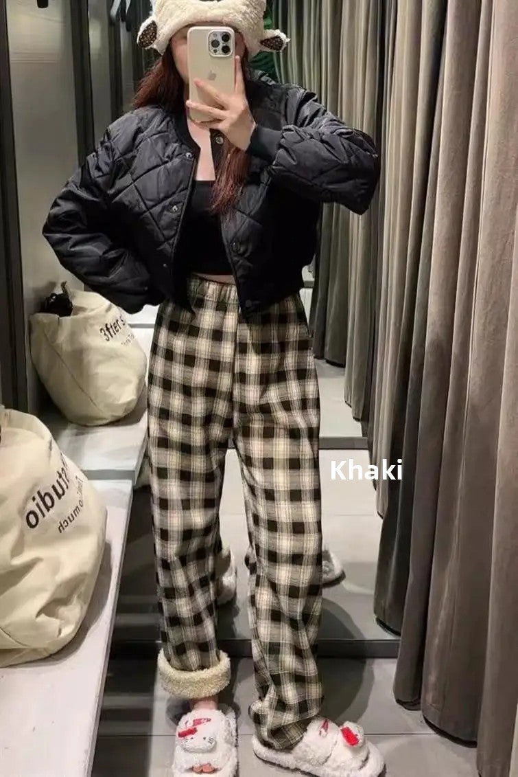 Lamb Velvet Fleece Lined Plaid Wide Leg Pants High Waist Straight Cut Winter New Casual Trousers for Women Korean Style