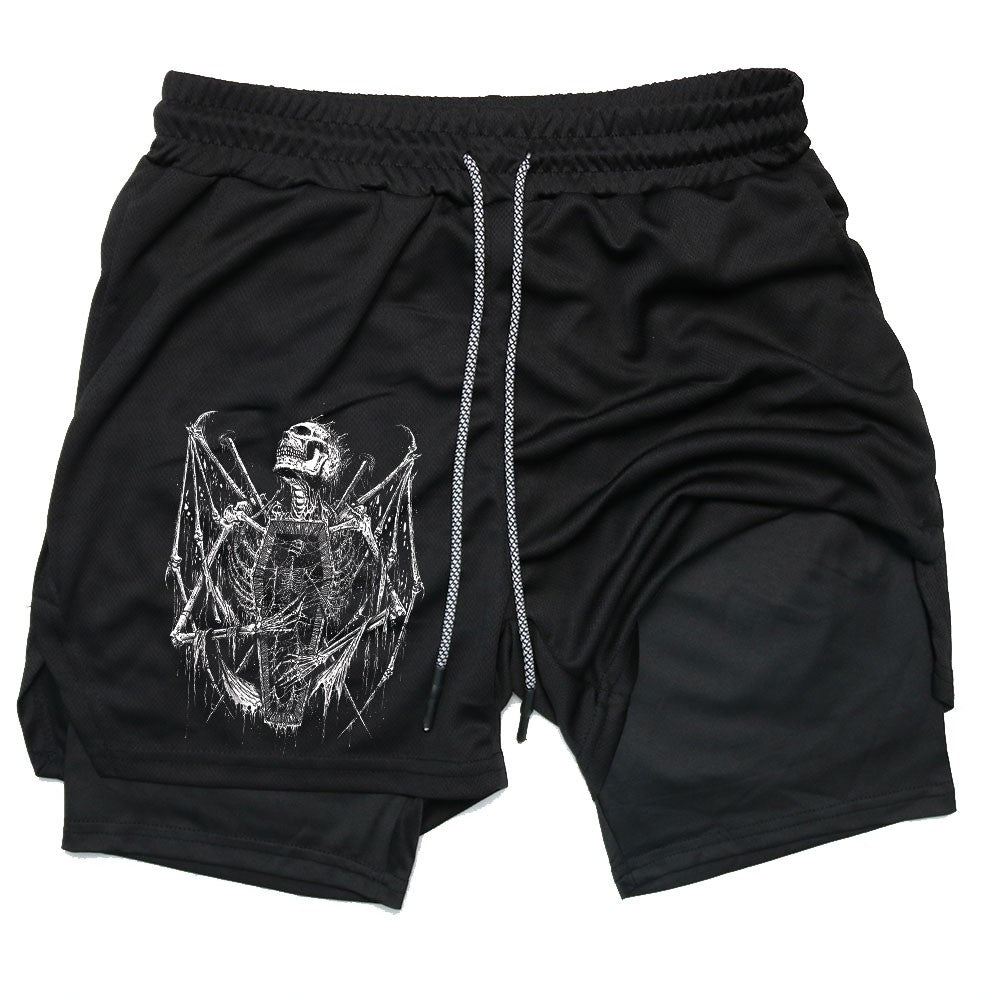 Shorts Men Quick-drying Fitness Skull Print Double Layer Shorts Workout Training Running Bodybuilding Sportwear