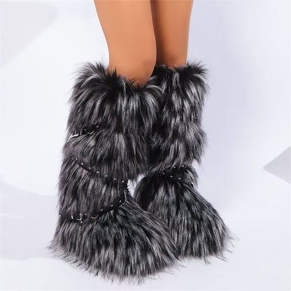 Winter Faux Fur Knee High Boots for Women - Comfy Plush Pull-On, Belt-Embellished Round Toe, Must-Have Trendy Pick for Party