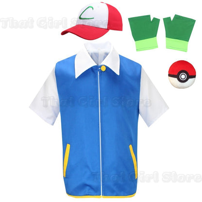 Men Anime Trainer Cosplay Costume Boys Ash Ketchum Adult for Girls Halloween Women Disfraz Party Blue Jacket Cap Gloves Full Set