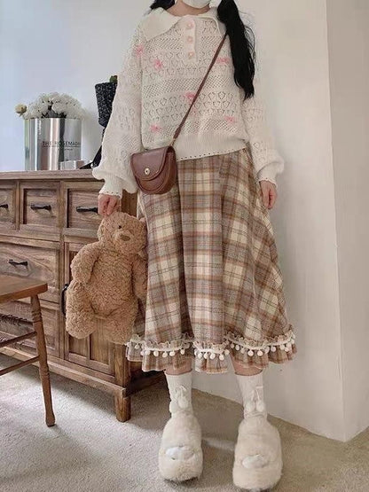 Adorable Plaid  Skirt with Faux Fur Balls in Brown Woolen Material Slimming Mid-Length for Young Girls Autumn Winter Sle