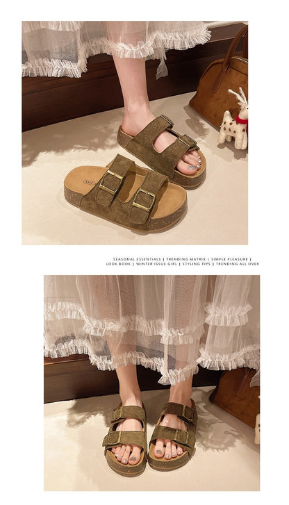 Bebealy Women's Sandals Soft-soled Platform Sandals Double Buckle Roman-style Belt-buckle Slippers Popular Slip-on Flat Slippers