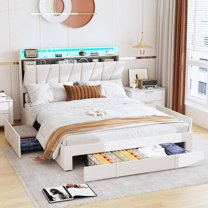 Full Size Bed Frame with Storage Headboard and 3 Drawers,Upholstered Platform Bed with Charging Station,Full Bed Frame w