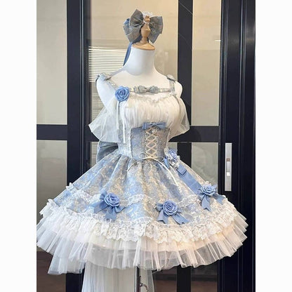 Summer Japanese Style Kawaii Lolita Dress Women Party Vintage Sweet Lace Bow Birthdays Cake Dresses Harajuku Y2k Bandage Dress