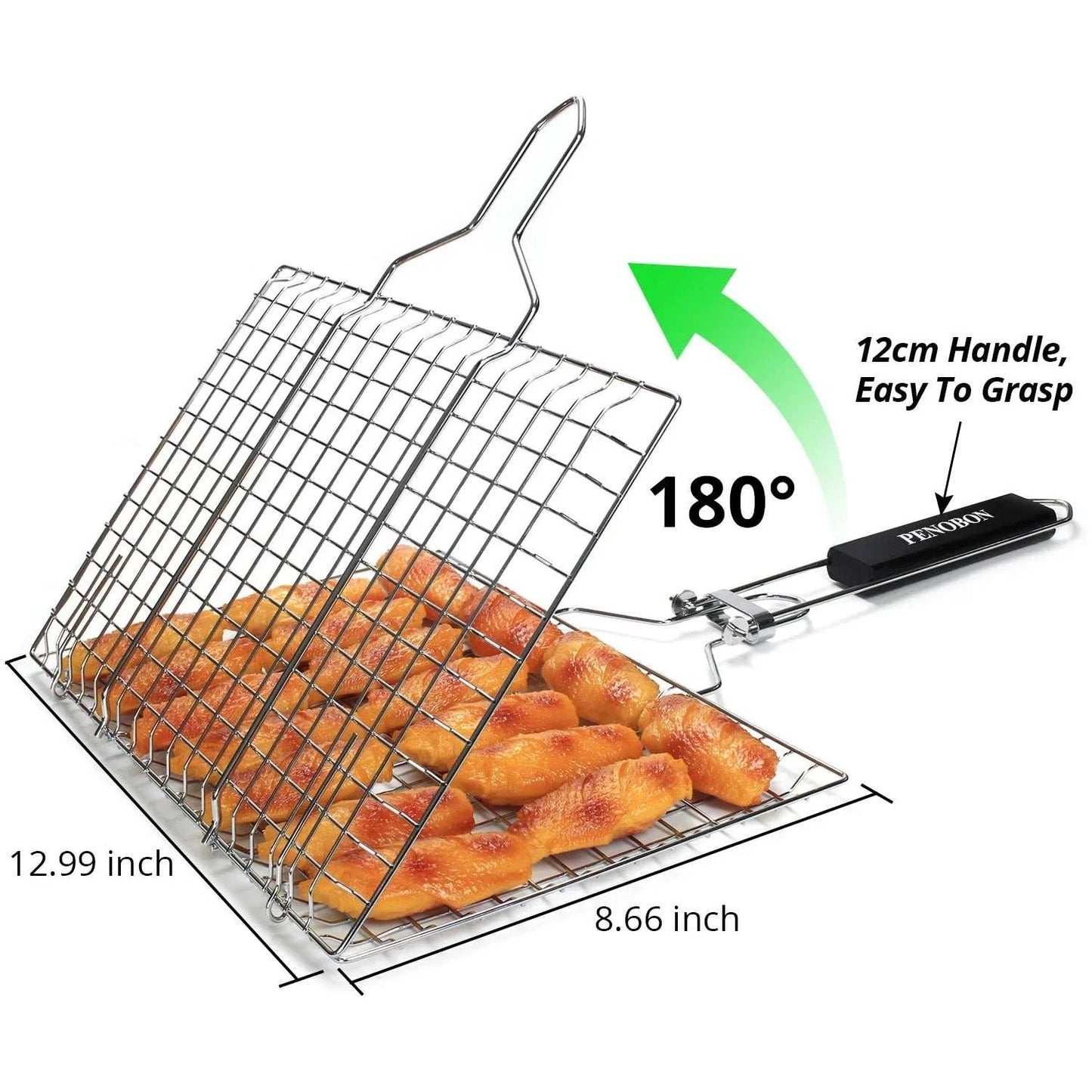 Grill fish basket, collapsible portable stainless steel grill basket with detachable handle and storage bag