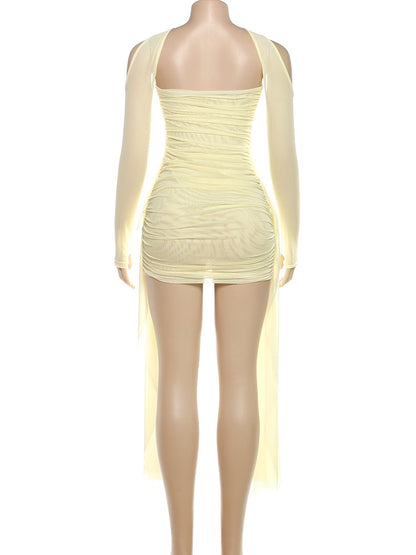Nibber Summer Vacation Sexy See Through Dress+Shawl Women Ruched Side Ribbon Coquette Skinny Midnight Clubwear Party Bodycon