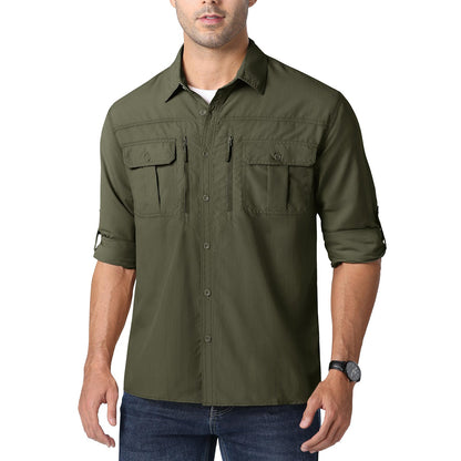 MAGCOMSEN UPF 50+ Mens Quick Dry Cargo Shirts Mesh Breathable Long Sleeve Work Shirts UV block Outdoor Hiking Fishing Shirts