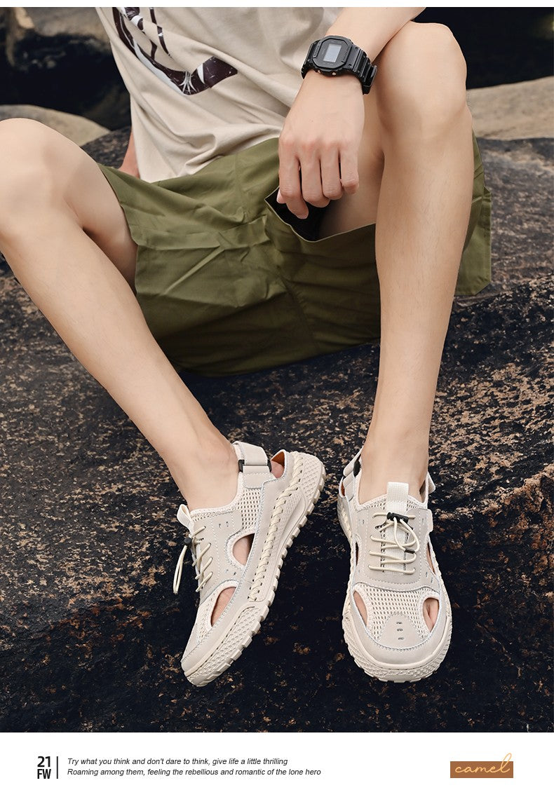 Sandals men's tide summer new style leather toe cap outdoor leisure sports hollow sandals beach shoes Handmade mesh men shoes