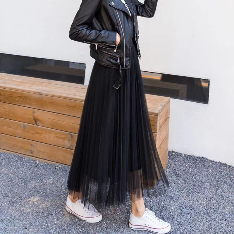 Vintage Tulle Skirt Women Streetwear Elastic High Waist Mesh Pleated Skirts Summer Elegant Korean A Line Office Ladies Skirt New