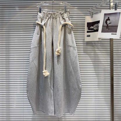 2025 New Women Personalized Woven Hemp Rope Belt Loose Wide-leg Casual Pants Bloomers