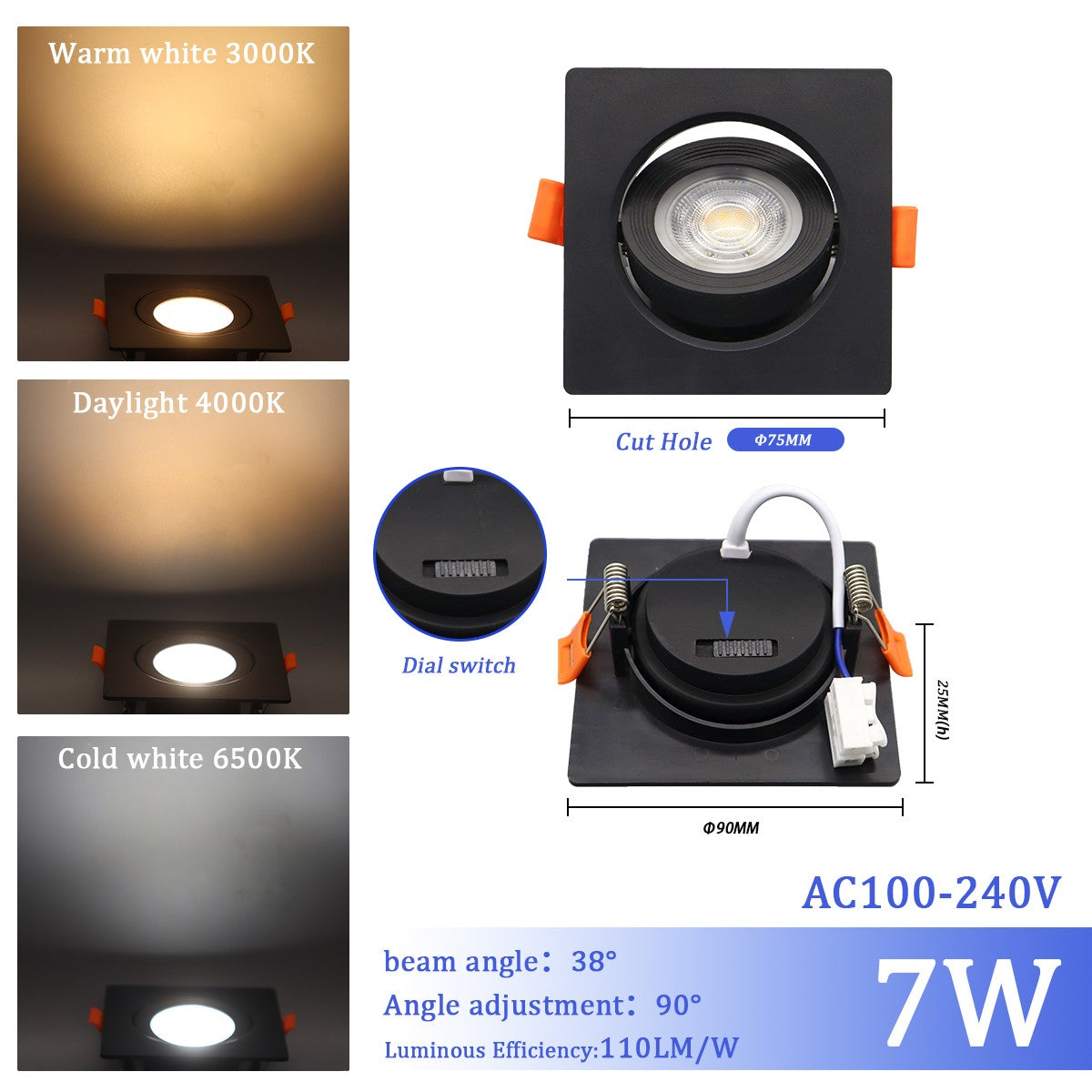 1-10pcs LED Change color 3 CCT 3000K 4000K 6000K LED Ceiling Spotlight embedded light 7W AC 110V 220V Adjust 90° lighting Spot