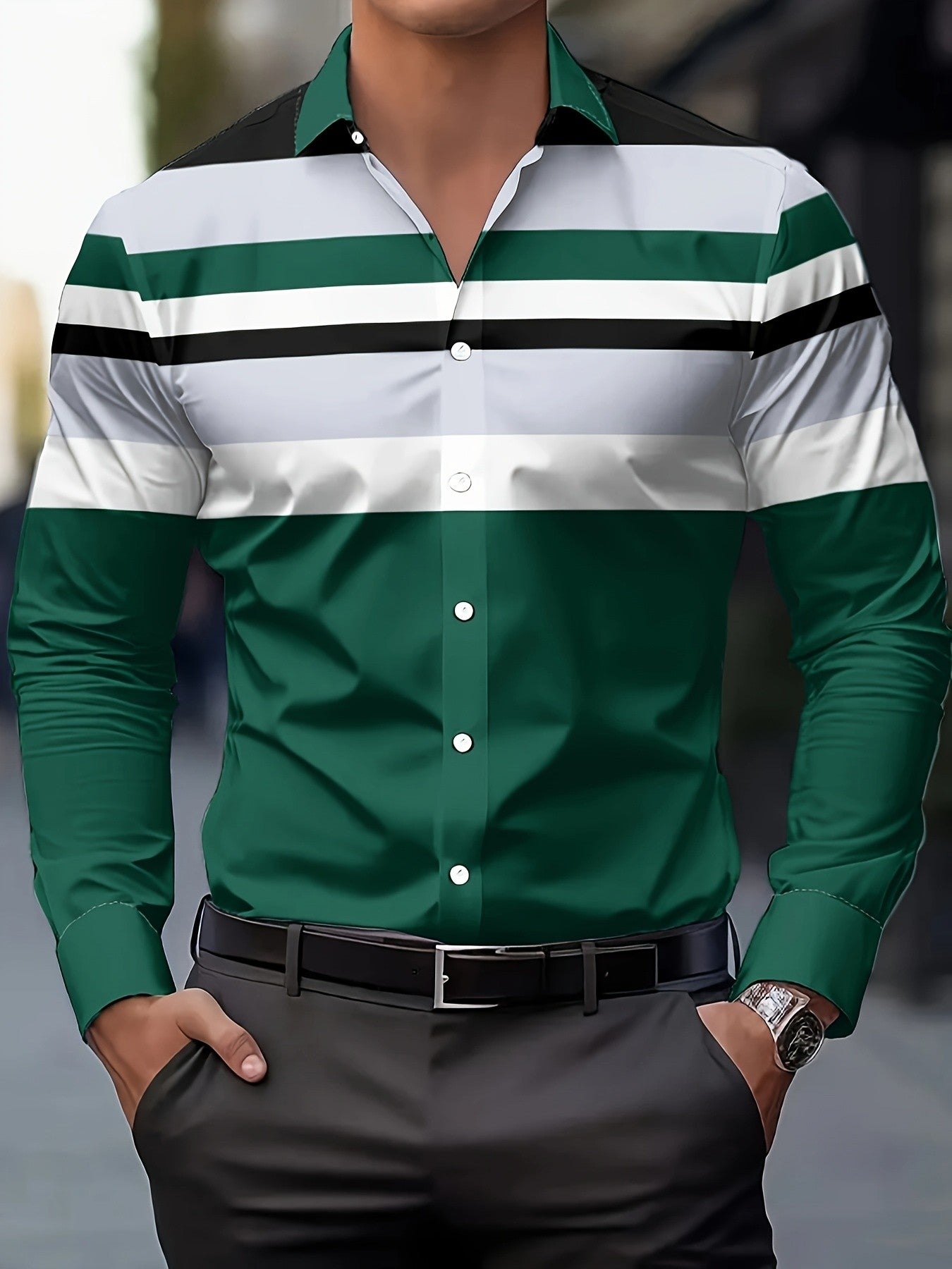 Men's Business Casual Shirt-Button-Up Long Sleeve Formal & Everyday Office Shirt Horizontal Stripes -Seasonal Fashion
