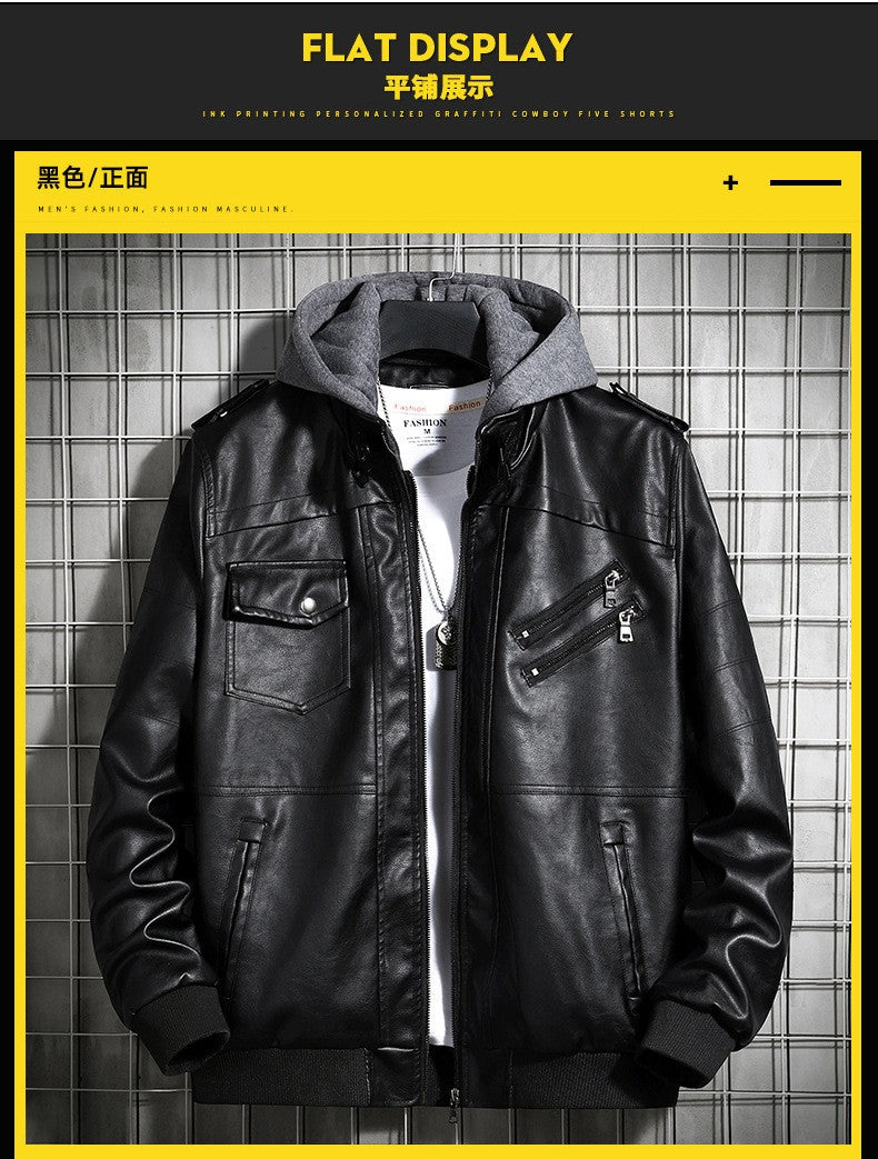 Hooded Leather Jacket Men's Jacket Winter PU Leather Coat Teenage Jackets Men's Motorcycle Leather Coat Harajuku