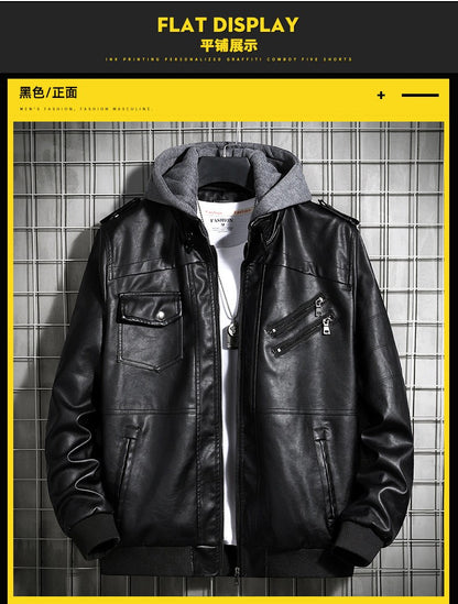 Hooded Leather Jacket Men's Jacket Winter PU Leather Coat Teenage Jackets Men's Motorcycle Leather Coat Harajuku
