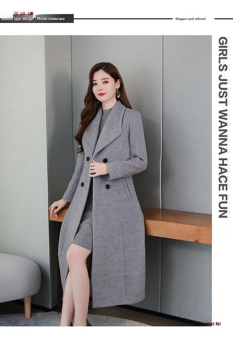 Plus Size Women's Overcoat Long Thickened Woolen Coat Long Collar Slim Fit Waist Cinched Outerwear Spring Autumn New Style Ho...