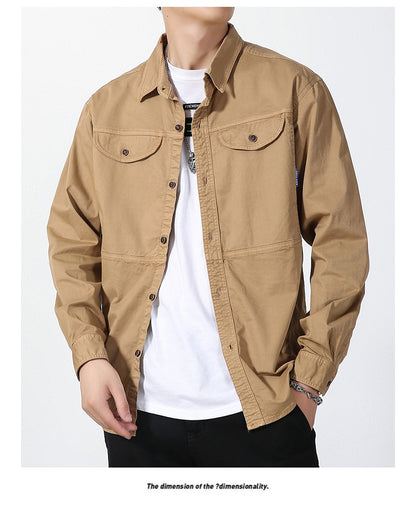 Men Slim Fit Turn-Down Collar Loose Cargo Shrit Spring Autumn Casual Wash Cotton Safari Style Jacket with Multiple Pockets Coat