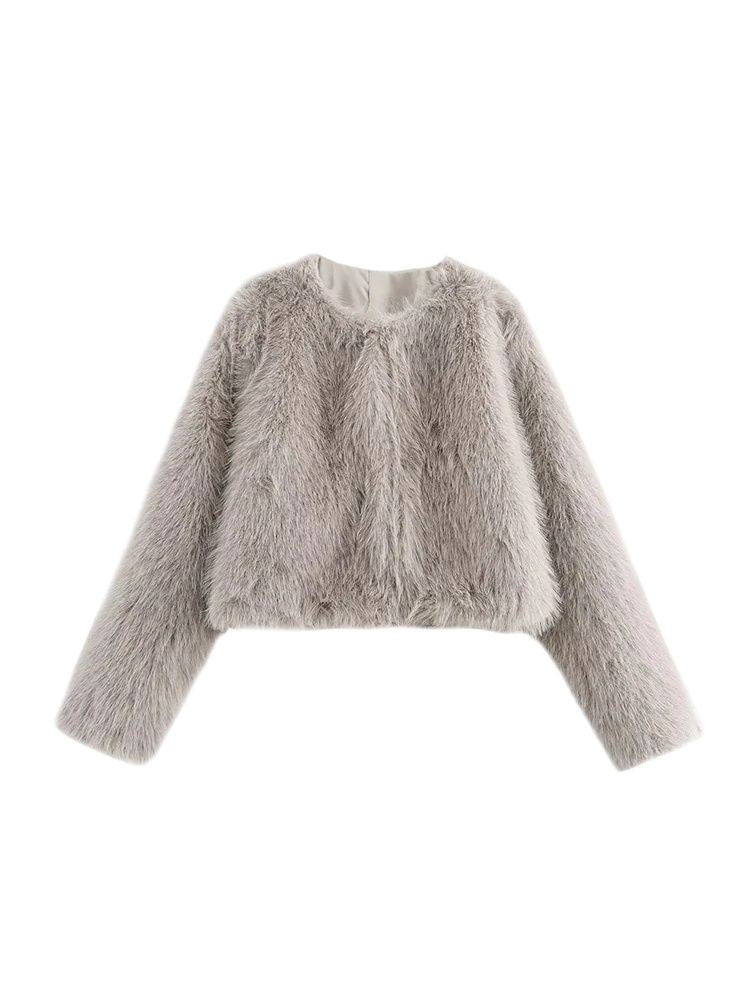 Women's Thick Warm Faux Fur Cropped Jacket, O Neck, Long Sleeve, Female Outerwear, Chic Tops, Fashion