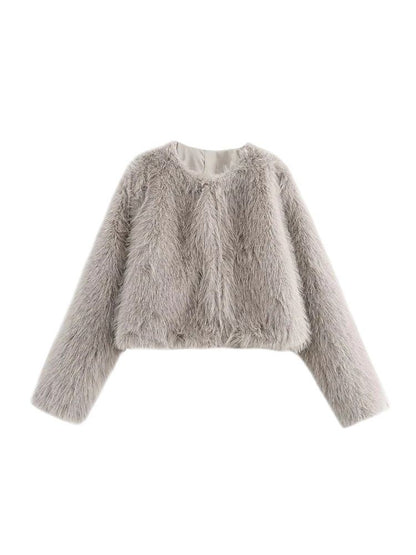 Women's Thick Warm Faux Fur Cropped Jacket, O Neck, Long Sleeve, Female Outerwear, Chic Tops, Fashion