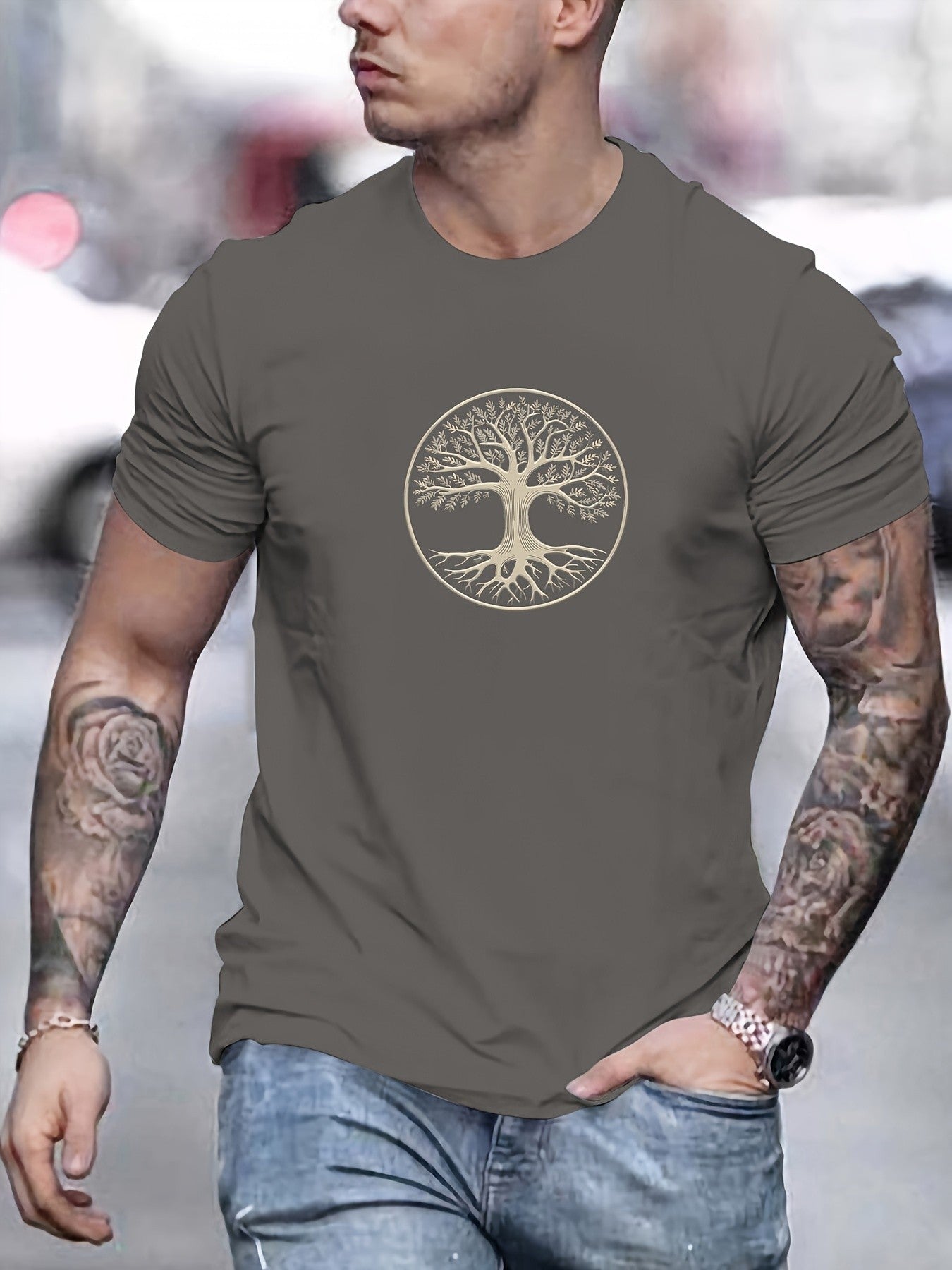 Men's summer 100% pure cotton fashionable casual sports wide pine pattern printed sports round neck short sleeved T-shirt top